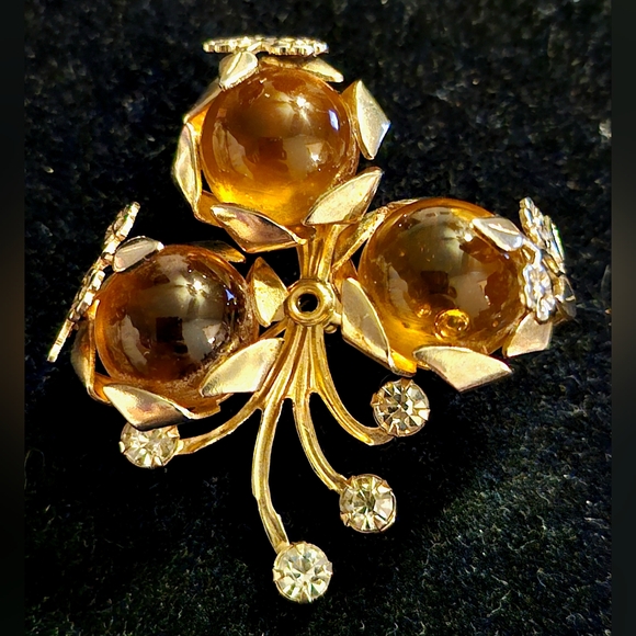 Vintage Artisan Blown Glass Orbs, Goldtone Floral & Rhinestone Brooch/Pendant - Picture 2 of 5